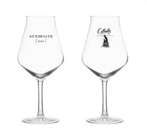 Tulip glasses with Cellador Syndicate logos printed on each side